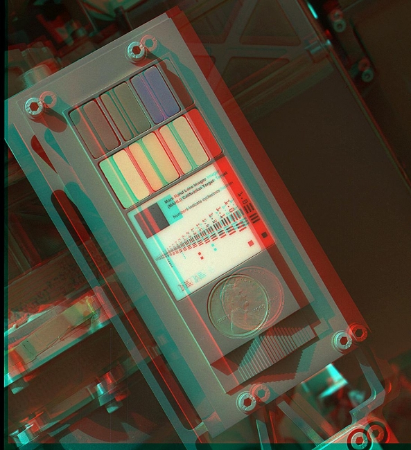 3-D View of MAHLI Calibration Target,  This 3-D view of the calibration target for the Mars Hand Lens Imager (MAHLI) aboard NASA's Mars rover Curiosity was assembled from two images taken by that...