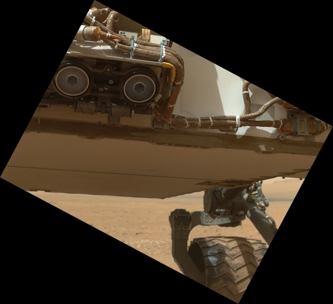 Belly Check for Curiosity,  This view of the lower front and underbelly areas of NASA's Mars rover Curiosity was taken by the rover's Mars Hand Lens Imager (MAHLI) during the 34th Mart...