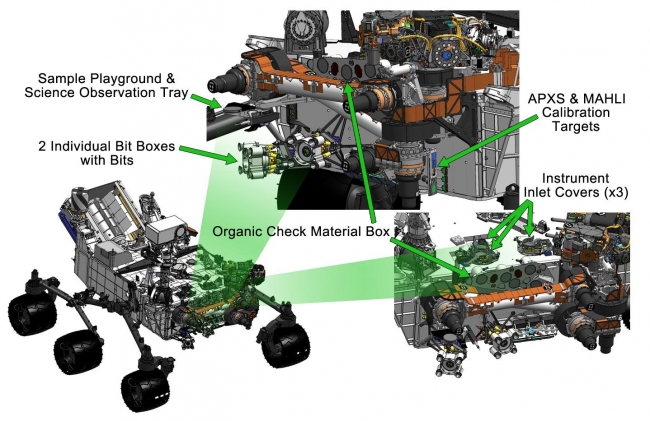 Curiosity's Work Bench,  This engineering drawing shows various components needed to support tools at the end of the arm on NASA's Curiosity rover, including: calibration targets fo...