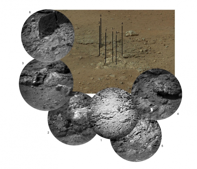 Zapping Rocks Exposed by the Sky Crane's Thrusters, This photo mosaic shows the scour mark, dubbed 'Goulburn,' left by the thrusters on the sky crane that helped lower NASA's Curiosity rover to the Red Planet....