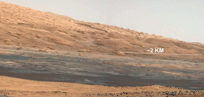 The Promised Land, This image (cut out from a mosaic) shows the view from the landing site of NASA's Curiosity rover toward the lower reaches of Mount Sharp, where Curiosity is...