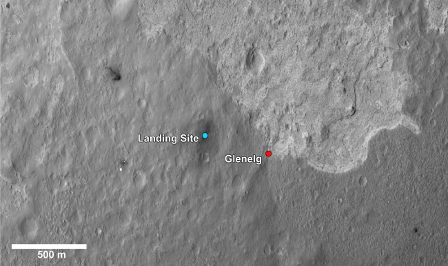 Glenelg Intrigue,  This image shows a closer view of the landing site of NASA's Curiosity rover and a destination nearby known as Glenelg. Curiosity landed inside Gale Crater ...