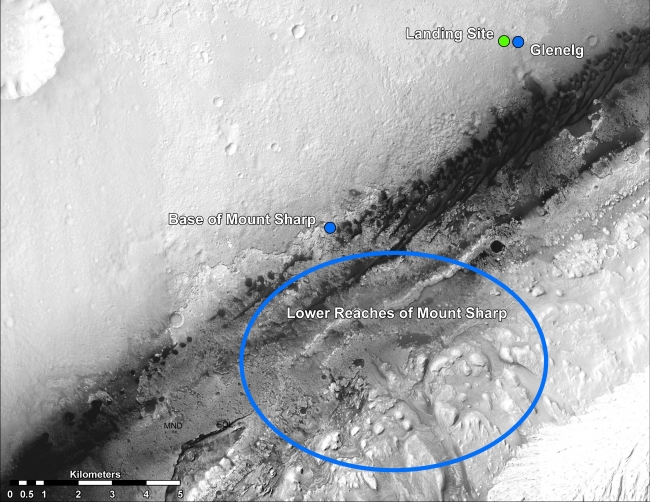 Martian Treasure Map,  This image shows the landing site of NASA's Curiosity rover and destinations scientists want to investigate. Curiosity landed inside Gale Crater on Mars on ...