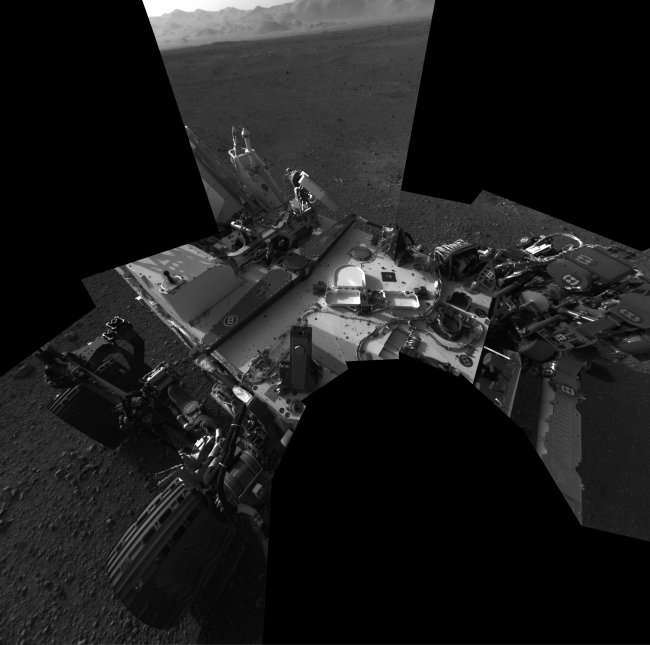 Checking out the Rover Deck in Full Resolution,  This full-resolution self-portrait shows the deck of NASA's Curiosity rover from the rover's Navigation cameras. The back of the rover can be seen at the to...