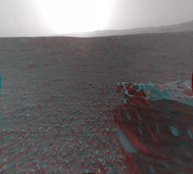 3-D View from Behind Curiosity,  This image is a 3-D view behind NASA's Curiosity rover, which landed on Mars on Aug. 5 PDT (Aug. 6 EDT). The anaglyph was made from a stereo pair of Hazard-...