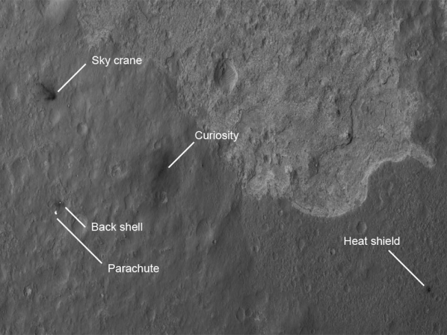 Scene of a Martian Landing, The four main pieces of hardware that arrived on Mars with NASA's Curiosity rover were spotted by NASA's Mars Reconnaissance Orbiter (MRO). The High-Resoluti...