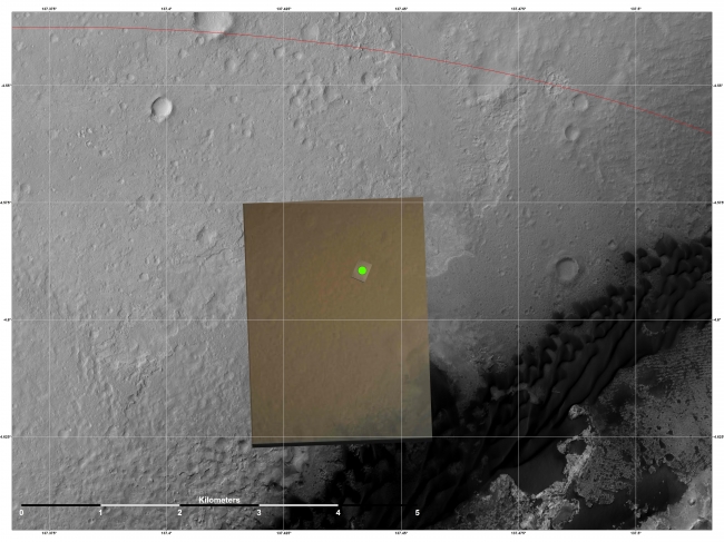 Nailing Down Curiosity's Landing Site,  This image shows the location (green) where scientists estimate NASA's Curiosity rover landed on Mars within Gale Crater, based on images from the Mars Desc...