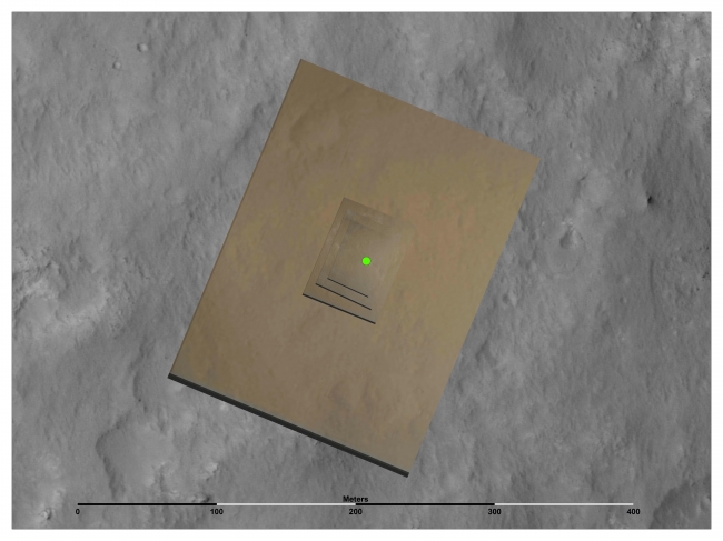 Narrowing in on Curiosity's Landing Site,  This image shows the location (green) where scientists estimate NASA's Curiosity rover landed on Mars within Gale Crater, based on images from the Mars Desc...