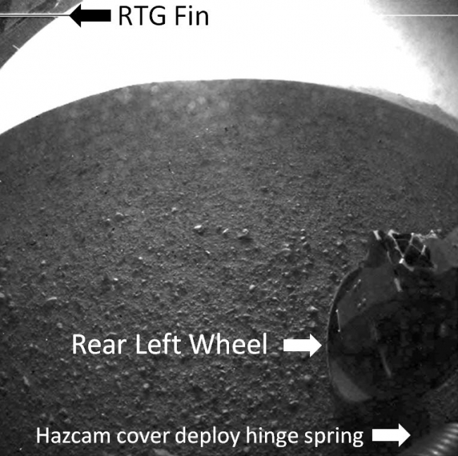 Curiosity's Rear View, Annotated,  This is a labeled version of one of the first images taken by a rear Hazard-Avoidance camera on NASA's Curiosity rover, which landed on Mars the evening of ...