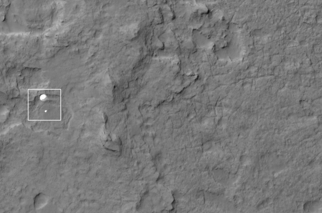 Curiosity Spotted on Parachute by Orbiter,  NASA's Curiosity rover and its parachute were spotted by NASA's Mars Reconnaissance Orbiter as Curiosity descended to the surface on Aug. 5 PDT (Aug. 6 EDT)...