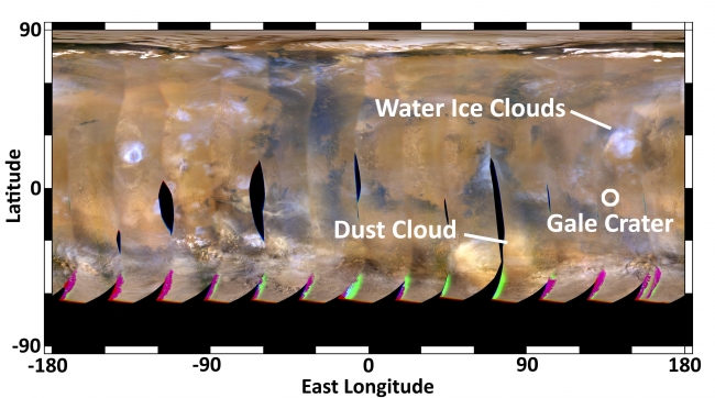 Mars Weather Map, Aug. 2, 2012,  This global map of Mars was acquired on Aug. 2, 2012, by the Mars Color Imager instrument on NASA's Mars Reconnaissance Orbiter. One global map is generated...