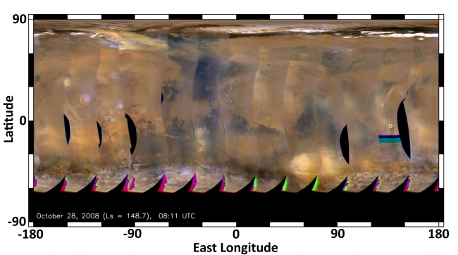 Mars Weather Map, 2008,  This global map of Mars was acquired on Oct. 28, 2008, by the Mars Color Imager instrument on NASA's Mars Reconnaissance Orbiter. It was acquired during the...