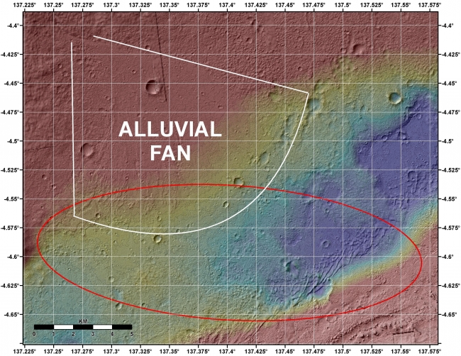 Topographic Map of Curiosity Landing Area,  This image shows the topography, with shading added, around the area where NASA's Curiosity rover is slated to land on Aug. 5 PDT (Aug. 6 EDT). Red indicate...