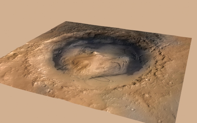 Altered Landing Target in Gale Crater, Mars,  Figure 1 Click on the image for larger view A June 2012 revision of the landing target area for Curiosity, the big rover of NASA's Mars Science Laboratory m...