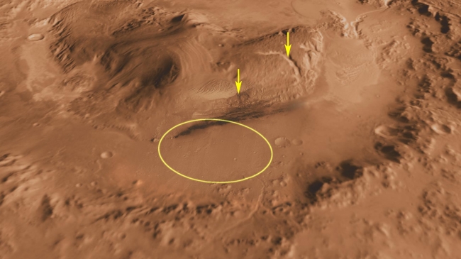 Canyons on Mountain Inside Gale Crater,  Unannotated Version Figure 2 Click on an individual image for full resolution image   This oblique view of Gale Crater shows the landing site and the mound ...