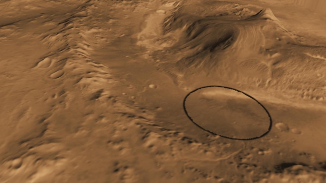 Oblique view of Gale Crater from the Northwest,  Unannotated image Click on the image for larger view This computer-generated view based on multiple orbital observations shows Mars' Gale crater as if seen ...