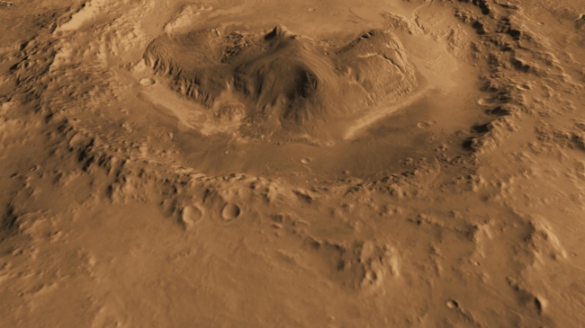 Oblique view of Gale Crater from the North,  Ellipsed Image Click on the image for larger version This computer-generated view based on multiple orbital observations shows Mars' Gale crater as if seen ...