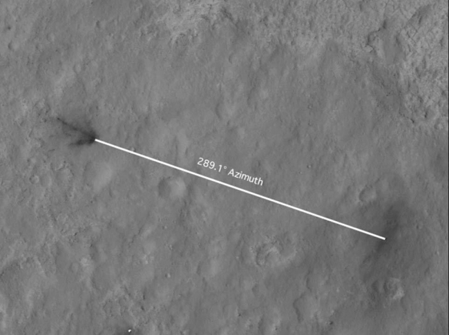 Inspecting Curiosity's Descent Stage Crash Site,  This portion of an image from the High Resolution Imaging Science Experiment (HiRISE) on NASA's Mars Reconnaissance Orbiter has been annotated to show the r...