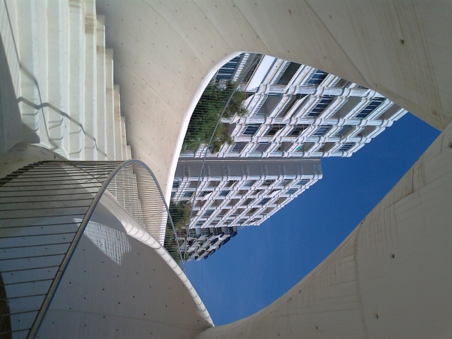 Stairs to Veralux A + B, The impressive new promenade on Poniente Beach in Benidorm, executed in white concrete and colourful ceramics, looking up to Edif. Clipper B