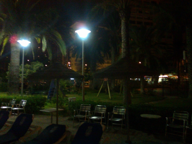 Garden and Tennis court of Gran Hotel Delfin, at night