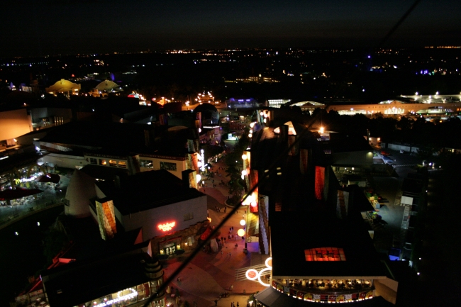 Overlooking Disneyland Paris: Disney Studios park on the left, Disney Village, and Disneyland Hotel, 