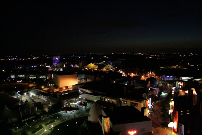 Overlooking Disneyland Paris: Tower of Terror far left, Dome Disney Village on the very left, Rainforest Cafe